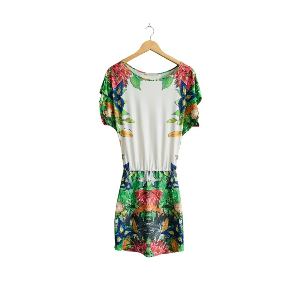 Morena Rosa Brazilian Tropical Floral Printed Logo Blouson Short Sleeve Dress XS - Picture 1 of 9